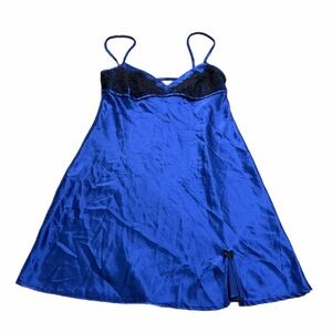 80s/90s French Vintage Satin & Lace Slip Dress Split Hem (Blue/Black) Size M